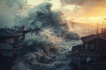 Apocalyptic dramatic background - giant tsunami waves crashing small coastal town - obrazy, fototapety, plakaty