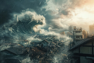 Apocalyptic dramatic background - giant tsunami waves crashing small coastal town