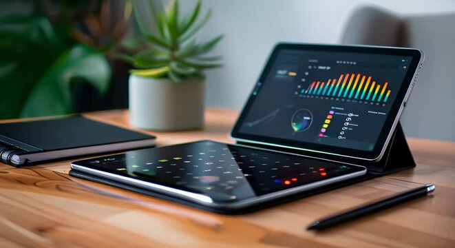Close up of laptop and tablet with financial charts on screen, stock market concept