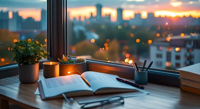 Open book, pencils and glasses on the windowsill at sunset