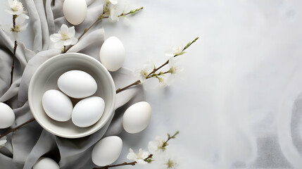  Serene simplicity defines a stunning Easter flat lay, with delicate willow branches intertwined with pastel-hued eggs against a pure white background. - obrazy, fototapety, plakaty