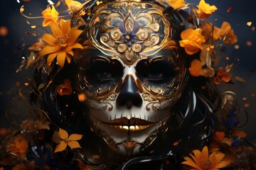 a woman with a sugar skull on her face is surrounded by flowers