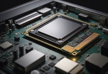 Fototapeta premium Modern CPU processor installed on a brand new motherboard, object detail, extreme closeup, nobody.