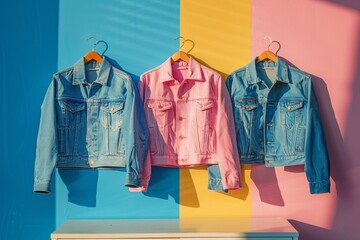 jeans jacket in pastel colors on hangers against pastel striped background. Generative AI
