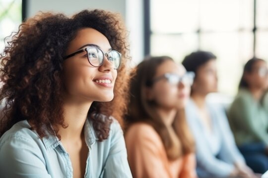 Diverse students group listening to favorite subject college student preparing for exam learning topic study process attention lecture class active learner classmate young academic background listen