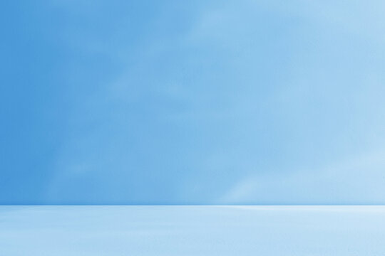 Empty blue room studio with shadow of leaves on concrete wall and floor for product presentation. Sunlight effect shadow. Minimal winter backdrop. Cosmetic, beauty and fashion showroom.