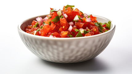 Front view of a bowl of mexican salsa sauce. Isolated on white background.	