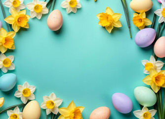 Naklejka na ściany i meble Easter background with colorful easter eggs and daffodils, postcard, banner