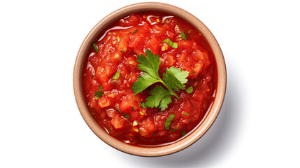 Top view of a bowl of mexican salsa sauce. Isolated on white background.	
