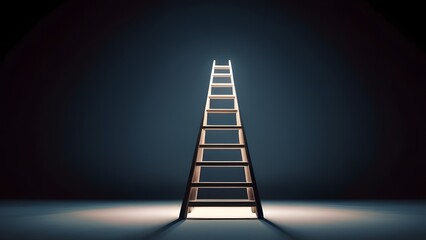 Illuminated Wooden Ladder in Dark Room with Dramatic Spotlight