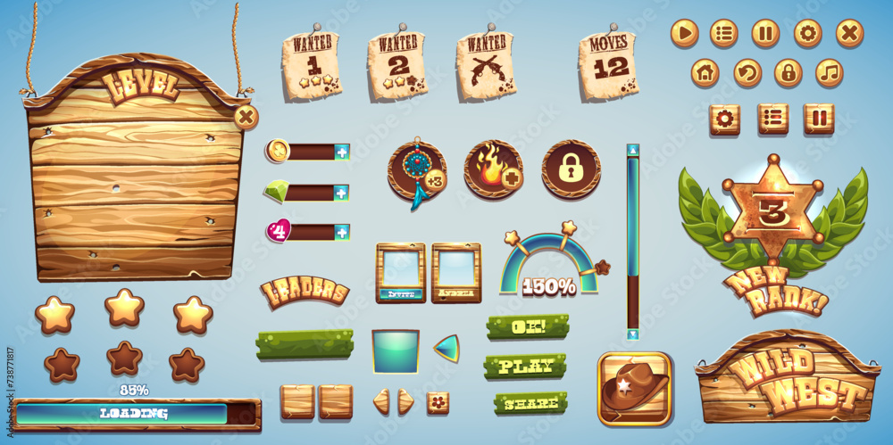 Poster set buttons boosters and other of computer game wild west
