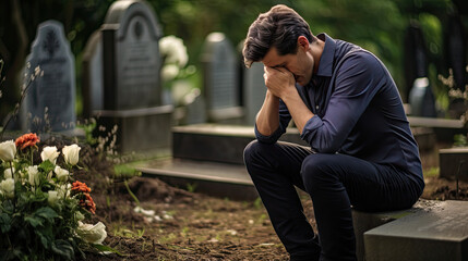 Christian man crying next to a grave with a headstone for a deceased relative in the family	