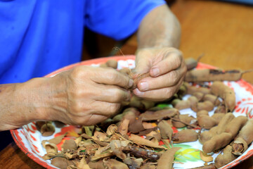 A close-up of an elderly Asian man preparing soggy tamarind by cracking ripe, sour tamarind shells on a wooden table at home.