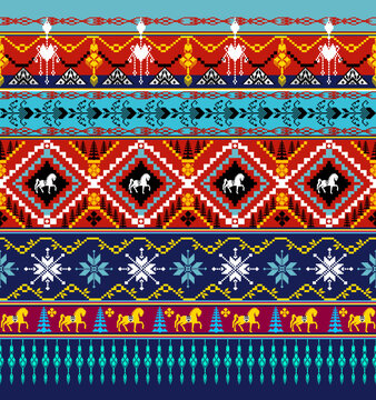 Cross stitch work ethnic pattern Pixel Horizontal Seamless Vector geometric pattern of the ethnic Thai people Cross-stitch border, clothes, sarongs.