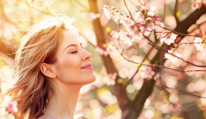 Fototapeta premium Waist-up shot of happy woman in nature, 