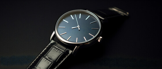A sleek and sophisticated wristwatch rests on a sleek black surface, exuding timeless elegance.
