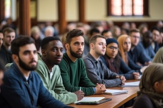 Diverse students group listening to favorite subject college student preparing for exam learning topic study process attention lecture class active learner classmate young academic background listen