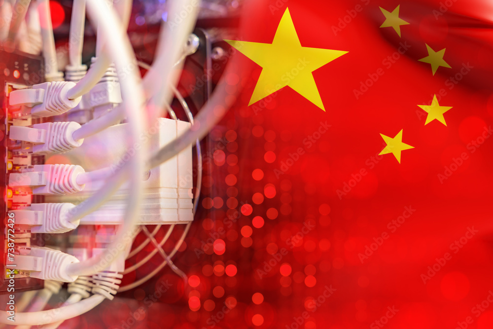 Poster network hardware. flag of china. internet router with wires. network switch made in china. chinese f