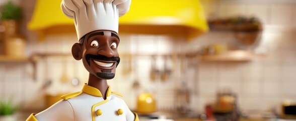 Personnage cartoon d'un chef cuisinier noir, souriant, cuisine en arrière-plan.
