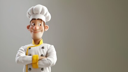 Personnage cartoon d'un chef cuisinier, sur fond gris, image avec espace pour texte. - obrazy, fototapety, plakaty