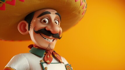 Personnage cartoon d'un chef cuisinier mexicain souriant, sur fond orange, image avec espace pour texte. - obrazy, fototapety, plakaty