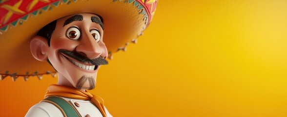 Personnage cartoon d'un chef cuisinier mexicain souriant, sur fond orange, image avec espace pour texte. - obrazy, fototapety, plakaty