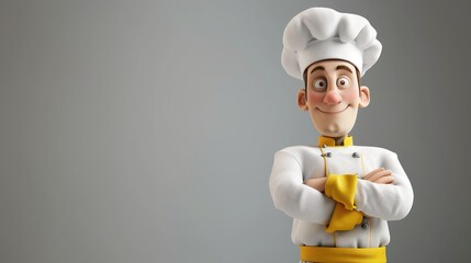 Personnage cartoon d'un chef cuisinier souriant, sur fond gris, image avec espace pour texte. - obrazy, fototapety, plakaty
