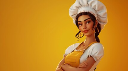 Personnage cartoon d'une femme chef cuisinier, sur fond orange, image avec espace pour texte. - obrazy, fototapety, plakaty