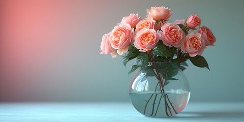 Roses in a glass vase on flat plain studio background. Banner with lot of empty copy space. AI