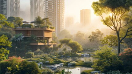Capture the essence of a sustainable future: Showcase the harmony between urban development and nature using a professional camera to emphasize intricate details. Well exposed.