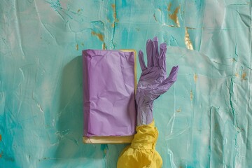 a purple gloved hand with a yellow and purple paper on a blue background