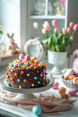 a delicious easter cake with chocolate, easter decoration and spring  flowers, easter background