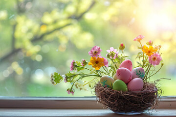 a easter nest with easter eggs and flowers inside standing on a window sims. easter background
