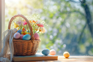 a wooden basket with easter eggs and flowers inside standing on a window sims, easter background