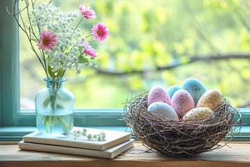 a easter nest with easter eggs inside, spring flowers and books standing on a window sims, easter background