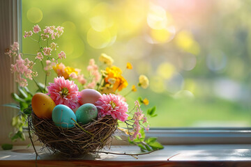 a easter nest with easter eggs and flowers inside standing on a window sims. easter background - obrazy, fototapety, plakaty