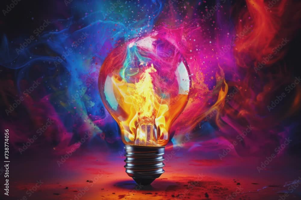 Poster a glowing light bulb shines brightly against a dark backdrop, surrounded by an array of vibrant colo