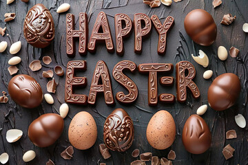 happy easter quote made from chcoalte surrounded by easter eggs on dark ground, easter background