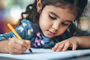 Young child doing homework preparing for test exercise exam education system learning writing notes kid studying drawing interactive lessons home book interested engaged elementary school essay task