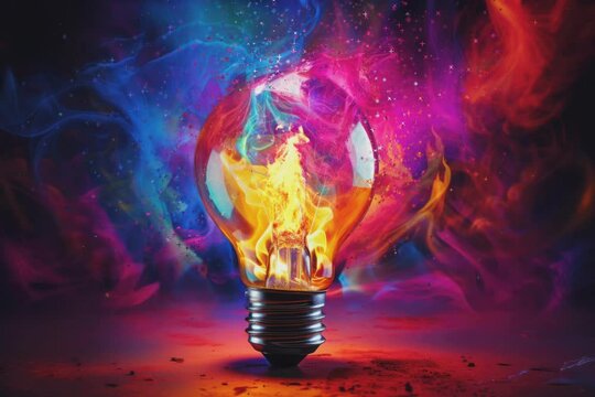 A glowing light bulb shines brightly against a dark backdrop, surrounded by an array of vibrant colors.