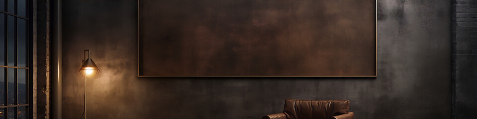 dimly lit room with brown leather chair and copper wall art - obrazy, fototapety, plakaty
