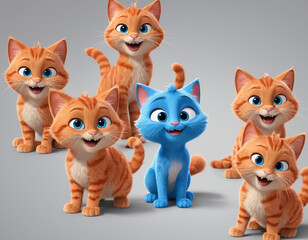funny red cat character, blue eyes, multiple expressions and poses, character