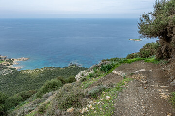 View of Chrysochou Bay coast as seen from Aphrodite Nature (Circular) Trail on Akamas Peninsula,...