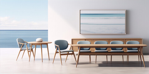 Minimalist wood furniture with blue cushions by the sea