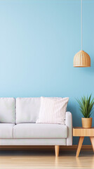 Blue wall, white sofa, wooden table, green plant, and a wicker lamp.