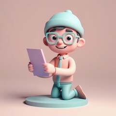 3d illustration of cute little boy in glasses and a cap with a pen. 3d illustration of cute little...