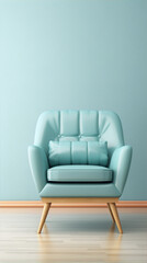 Retro mint green armchair against mint green wall background