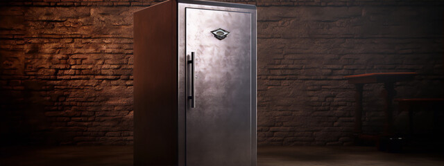 metal safe in a brick room with a single wooden chair - obrazy, fototapety, plakaty
