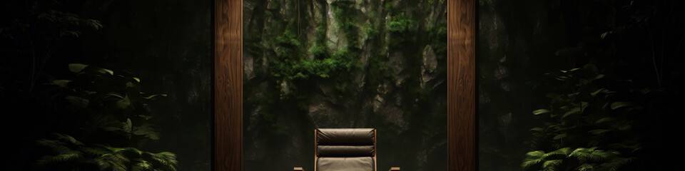 Dark green mossy stone wall with wooden frame and brown leather chair in front of it