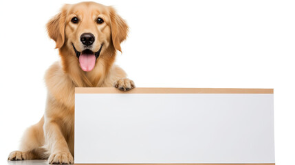 Cute Happy dog holding a Blank white Sign - obrazy, fototapety, plakaty